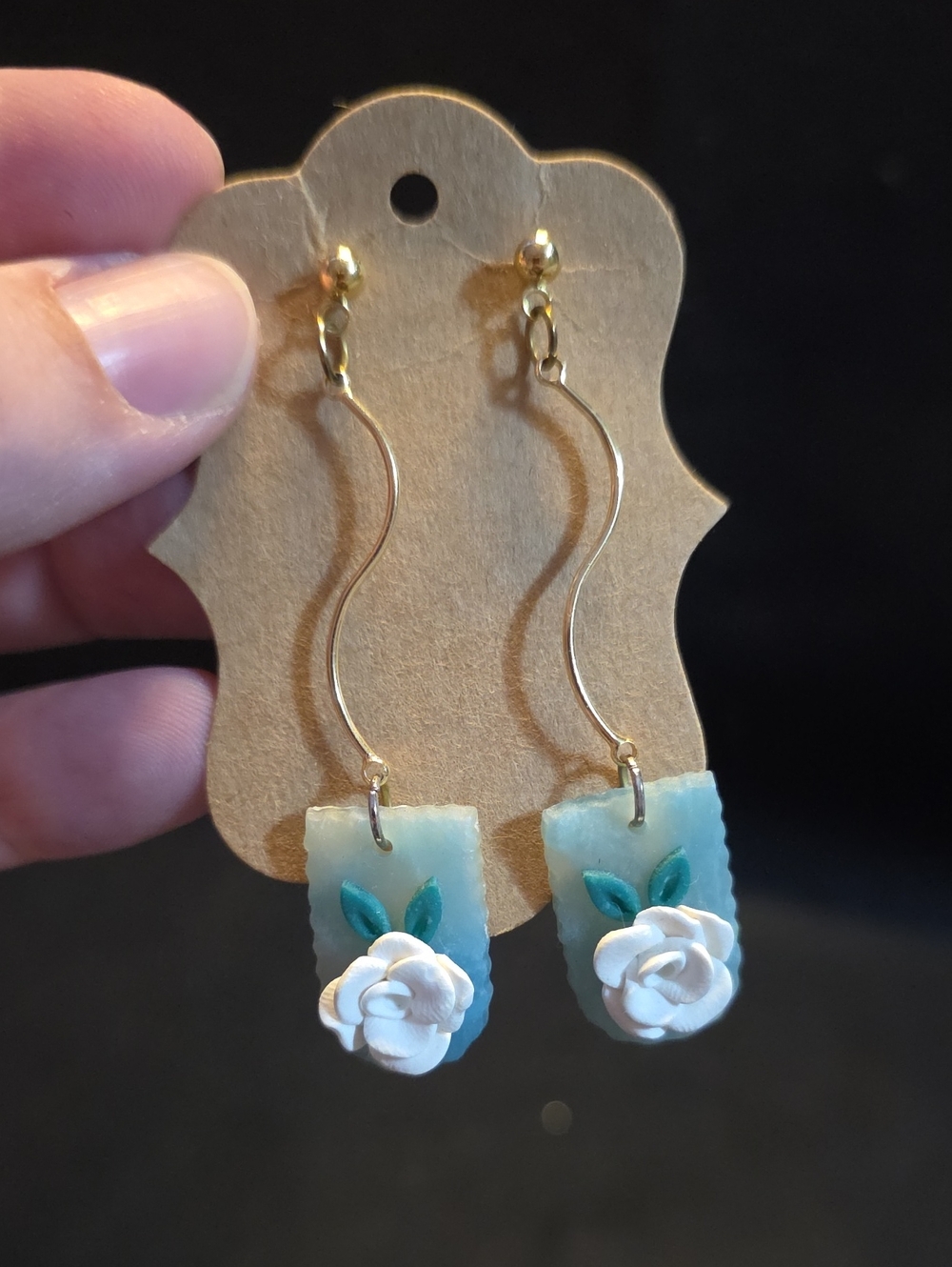 Handcrafted Blue Floral Drop Earrings with White Rose Accent